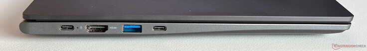 Po lewej: USB-C 3.2 Gen.1 (5 Gbit/s, DisplayPort, Power Delivery), HDMI 1.4b, USB-A 3.2 (5 Gbit/s), USB-C 3.2 Gen.1 (5 Gbit/s, DisplayPort, Power Delivery)
