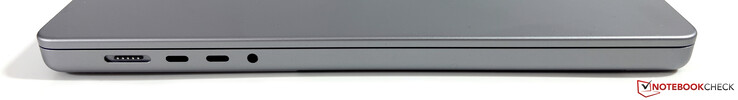Lewy bok: MagSafe, 2x USB-C 4.0 w/ Thunderbolt 4 (40 Gbps, DisplayPort, Power Delivery), słuchawki 3,5 mm