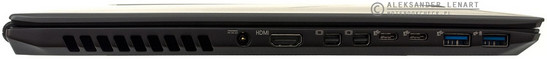 lewy bok: szczeliny wentylacyjne, gniazdo zasilania, HDMI, dwa mini DisplayPorty, dwa USB typu C, dwa USB typu A