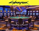 Logo Cyberpunk 2077 nad futurystycznym kasynem (źródło zdjęcia: Rockstar Games z poprawkami)
