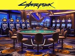 Logo Cyberpunk 2077 nad futurystycznym kasynem (źródło zdjęcia: Rockstar Games z poprawkami)