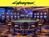 Logo Cyberpunk 2077 nad futurystycznym kasynem (źródło zdjęcia: Rockstar Games z poprawkami)
