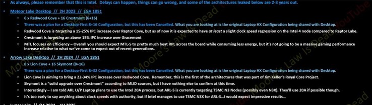 Informacje o Intel Meteor Lake i Arrow Lake. (Źródło: MLID)