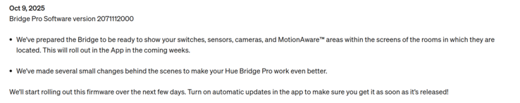 Informacje o wydaniu pierwszej aktualizacji Philips Hue Bridge Pro. (Źródło obrazu: Philips Hue)