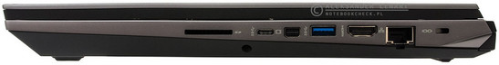 prawy bok: czytnik kart pamięci, USB 3.1 typu C, mini DisplayPort, USB 3.0, HDMI, LAN, zaczep na linkę blokady Kensingtona