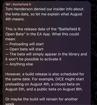 odpowiedź 1BF do Toma Hendersona w sprawie czasu rozpoczęcia otwartej bety Battlefield 6 (źródło obrazu: subreddit GamingLeaksandRumours, kanał 1BF Telegram)