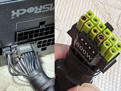 Spalone złącze zasilania ASRock TempGuard widoczne na zdjęciu wraz z uszkodzeniami kabli zasilacza