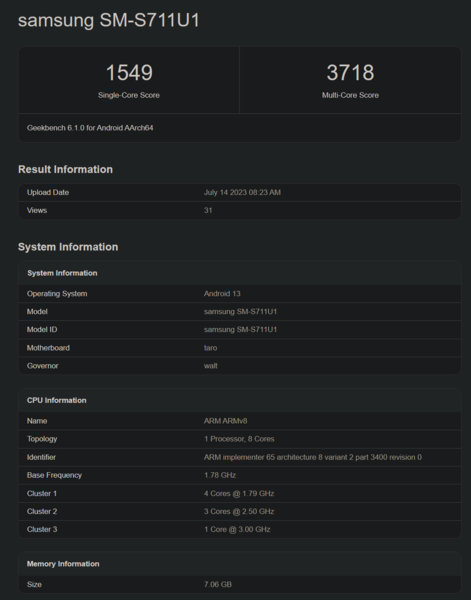 Galaxy S23 FE w Geekbench z procesorem Snapdragon 8 Gen 1 (zdjęcie za pośrednictwem Geekbench)