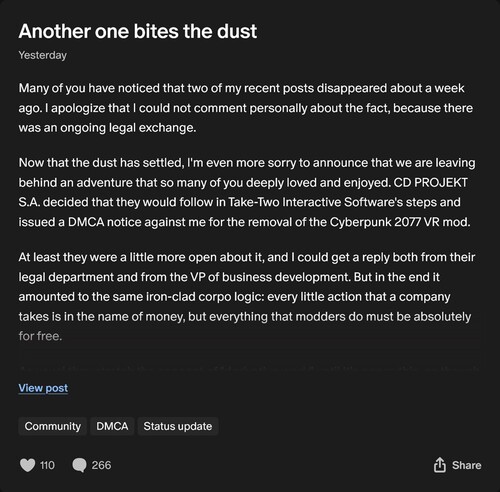 Post Luke'a Rossa na Patreonie dotyczący usunięcia moda Cyberpunk 2077 VR (źródło obrazu: zrzut ekranu, Luke Ross Patreon)