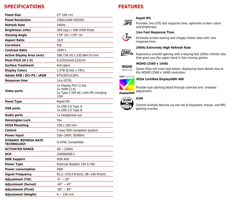 MSI Optix MAG274QRX - specyfikacja. (Źródło: MSI)