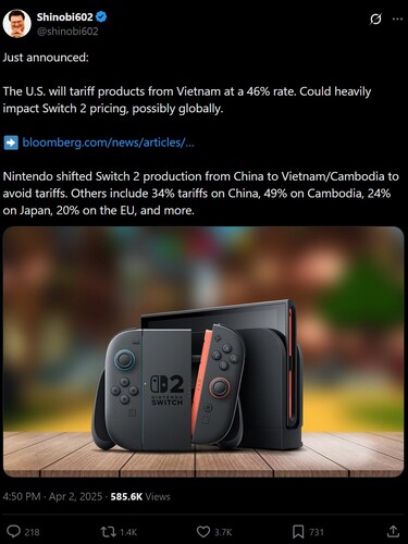 Efekt taryf wietnamskich na Switch 2 w odpowiedzi na X (zrzut ekranu, konto Shinobi602 X)