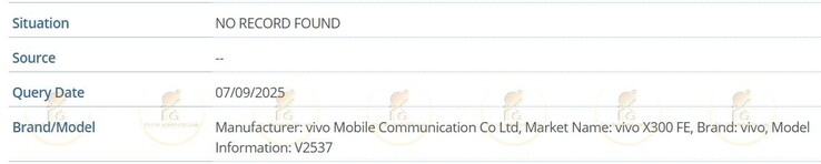 Vivo X300 FE został zauważony w bazie danych IMEI, potwierdzając numer modelu jako V2537. (Źródło obrazu: Passionategeekz)