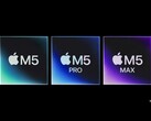 Artystyczne przedstawienie chipów Apple M5, M5 Pro i M5 Max. (Źródło obrazu: Apple, edytowane przy użyciu Gemini)