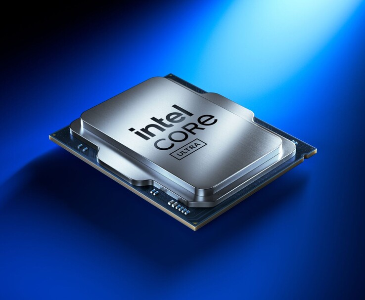 Procesor Intel Core Ultra na niebieskim gradientowym tle, prezentujący elegancki metaliczny design i wbudowane obwody. (Źródło obrazu: Intel)