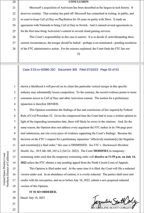 Konkluzja sprawy FTC przeciwko Microsoft. (Źródło obrazu: za pośrednictwem The Washington Post)