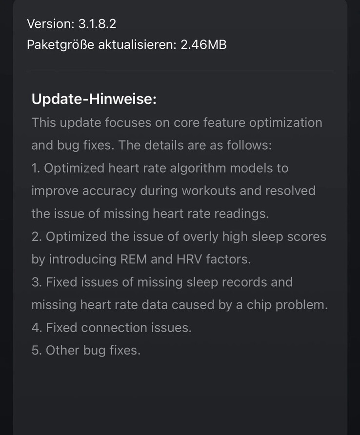 Informacje o wydaniu wersji 3.1.8.2 dla Amazfit Helio Strap. (Źródło obrazu: u/Realistic_Tell_533 za pośrednictwem Reddit)