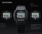 Zegarek Casio G-Shock GW-BX5600 przedstawiony wraz z opisami podkreślającymi wyświetlacz MIP LCD, dwa style czcionek, zasilanie Tough Solar, łączność Bluetooth oraz funkcję synchronizacji czasu za pomocą sygnału radiowego Multiband 6.