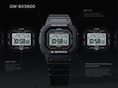 Zegarek Casio G-Shock GW-BX5600 przedstawiony wraz z opisami podkreślającymi wyświetlacz MIP LCD, dwa style czcionek, zasilanie Tough Solar, łączność Bluetooth oraz funkcję synchronizacji czasu za pomocą sygnału radiowego Multiband 6.