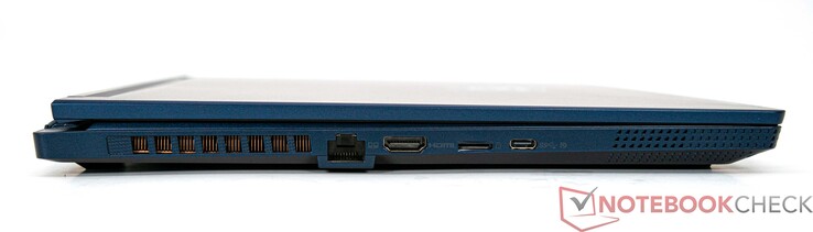 Lewa strona: LAN (RJ45), HDMI 2.1 (4K/120 Hz, 8K/60 Hz), czytnik kart microSD, USB 3.2 Gen 2 Typ-C