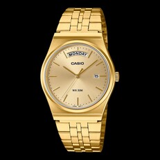 Zegarek Casio MTP-B146G-3AV z kopertą i bransoletą ze stali nierdzewnej pokrytymi złocistą powłoką jonową, tarczą w złocistym odcieniu, wskaźnikiem dnia tygodnia na godzinie 12 oraz okienkiem datownika na godzinie 3.