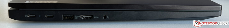 Lewa strona: USB-C 3.2 Gen.1 (5 Gb/s, DisplayPort 1.4, Power Delivery 3.0), USB-C 3.2 Gen.2 (10 Gb/s, DisplayPort 1.4, Power Delivery 3.0), USB-A 3.2 Gen.1 (5 Gb/s, z zasilaniem), HDMI 1.4b, 3,5 mm stereo