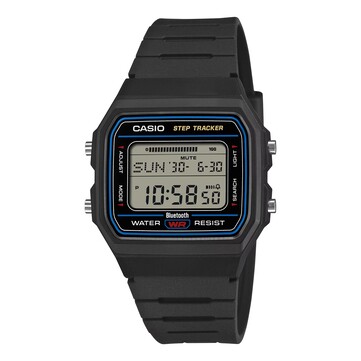Casio F-B100W-1A z czarną kopertą i paskiem z żywicy oraz niebieskim pierścieniem otaczającym tarczę zegarka.