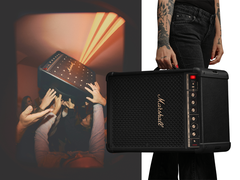 Dwa wizerunki Marshall Bromley 450 - jeden stylizowany, a drugi trzymany w dłoni.