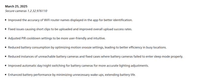 Dziennik zmian aktualizacji 1.2.32.976110 dla kamer Philips Hue Secure. (Źródło obrazu: Philips Hue)