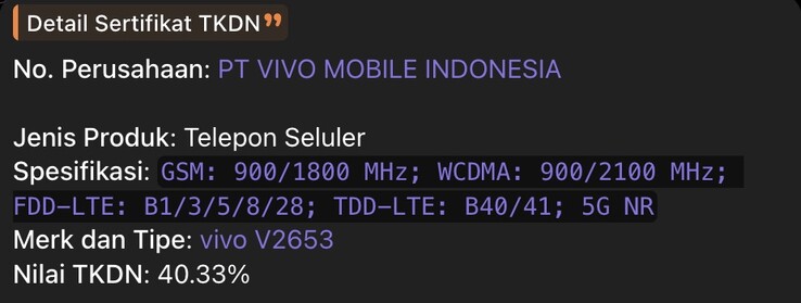 Wpis dotyczący Vivo X500 FE w bazie TKDN.