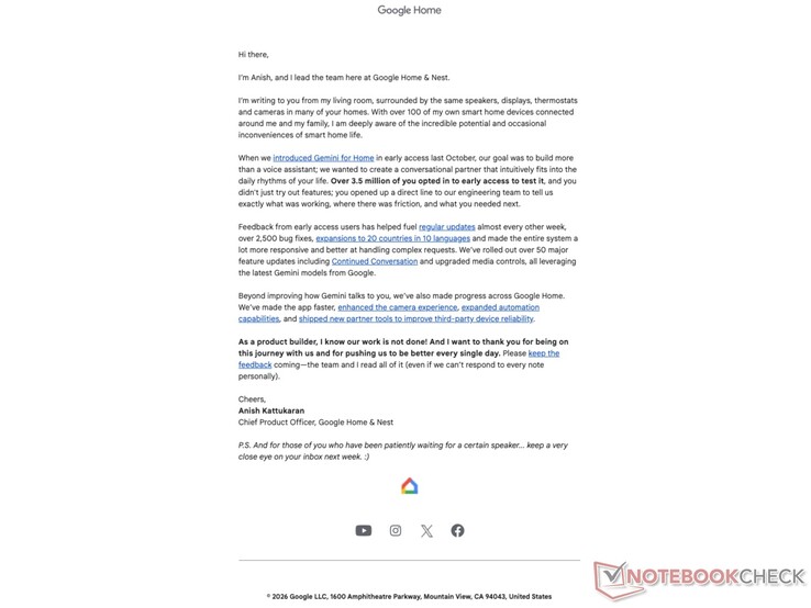 Wiadomość e-mail od dyrektora ds. produktów Google Home.