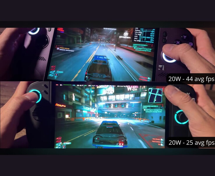 Komputery MSI Claw 8 AI+ oraz Lenovo Legion Go 2 uruchamiają grę „Cyberpunk 2077” przy poborze mocy 20 W, osiągając odpowiednio 44 FPS i 25 FPS.