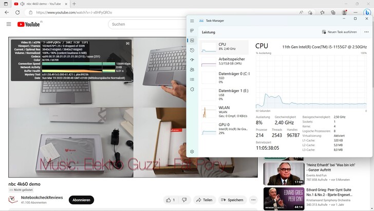 odtwarzanie 4K w serwisie YouTube: Niskie wykorzystanie CPU i iGPU na poziomie 8% i 29%, bez spadków klatek.