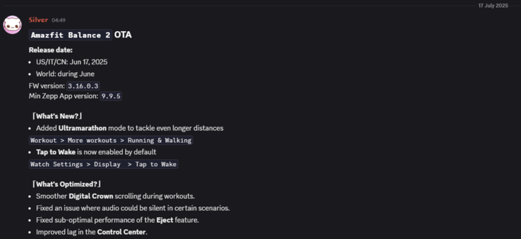 Informacje o wydaniu aktualizacji Amazfit Balance 2 w wersji 3.16.0.3. (Źródło obrazu: Amazfit via Weibo)
