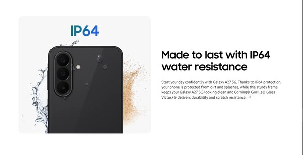 Stopień ochrony IP telefonu Galaxy A27 5G został obniżony do IP64.