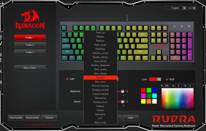 18 wstępnie ustawionych trybów RGB klawiatury Rudra