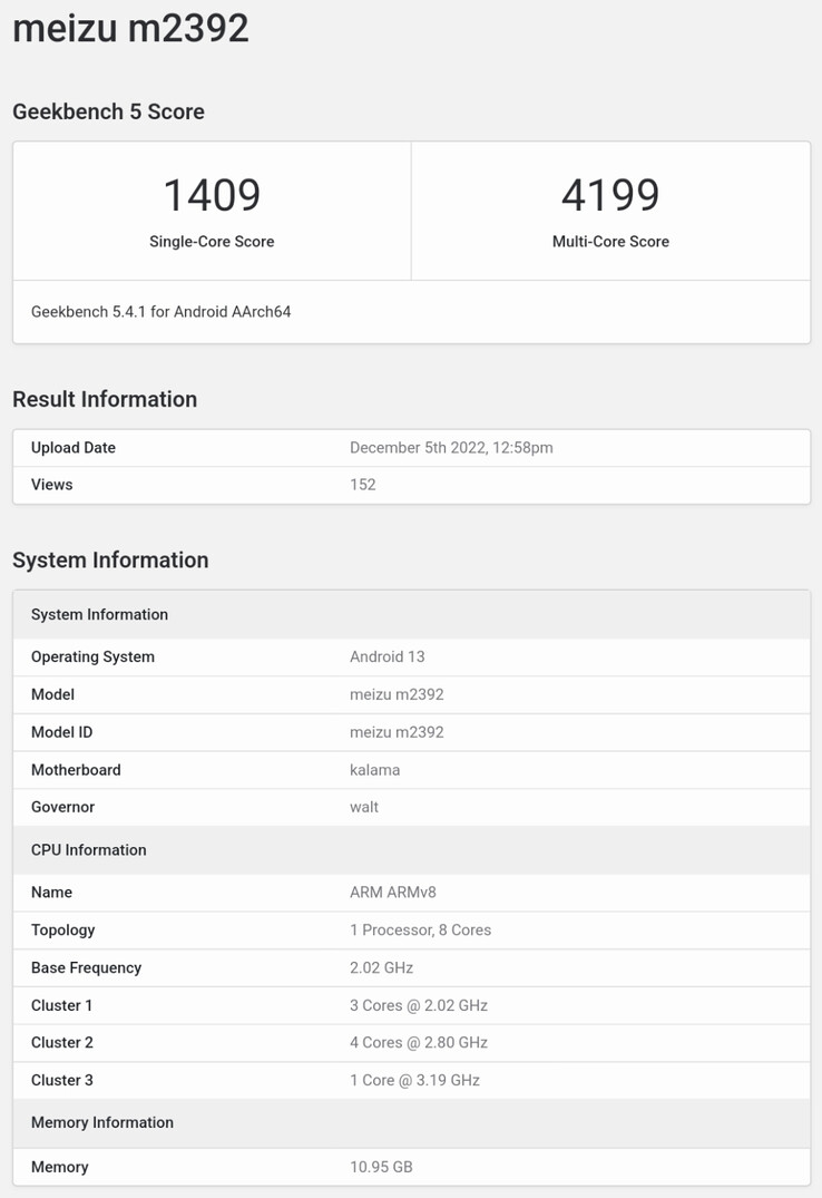 Nowy smartfon Meizu rzekomo pojawia się w Geekbench. (Źródło: Geekbench)