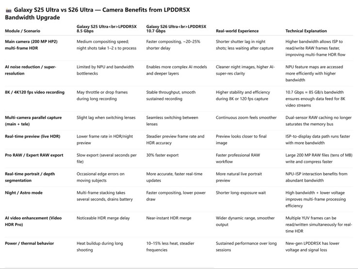 Rzekome ulepszenia aparatu w Galaxy S26 dzięki szybszej pamięci. (Źródło obrazu: Ice Universe on X)