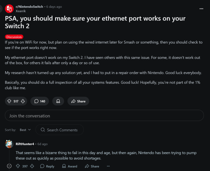 Problemy z portem Ethernet Nintendo Switch 2 (źródło obrazu: zrzut ekranu, subreddit Nintendo Switch)