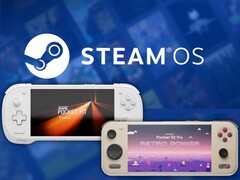 Konkr Pocket Fit G3 i Ayaneo Pocket S2 Pro przedstawione z logo Steam OS w tle
