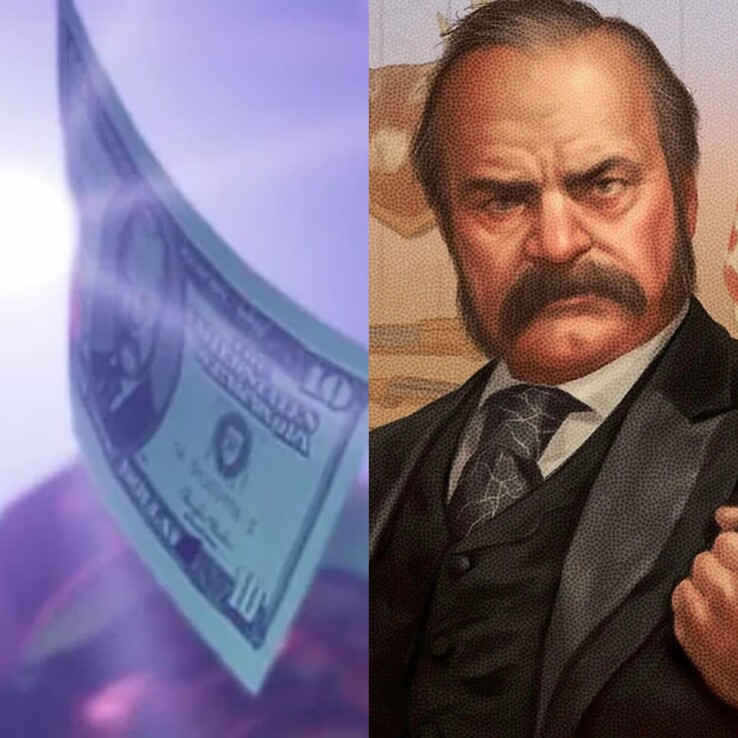 Obraz przedstawiający pieniądze w GTA 6 ze zwiastuna 2 wraz z prezydentem Thaddeusem Waxmanem. (Źródło obrazu: Synth Potato na X)