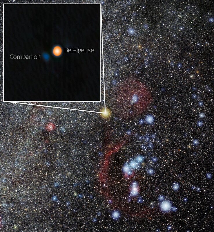 Położenie Betelgezy i jej gwiazdy towarzyszącej. (Źródło zdjęcia: International Gemini Observatory/NOIRLab/NSF/AURAObróbka obrazu: M. Zamani (NSF NOIRLab))