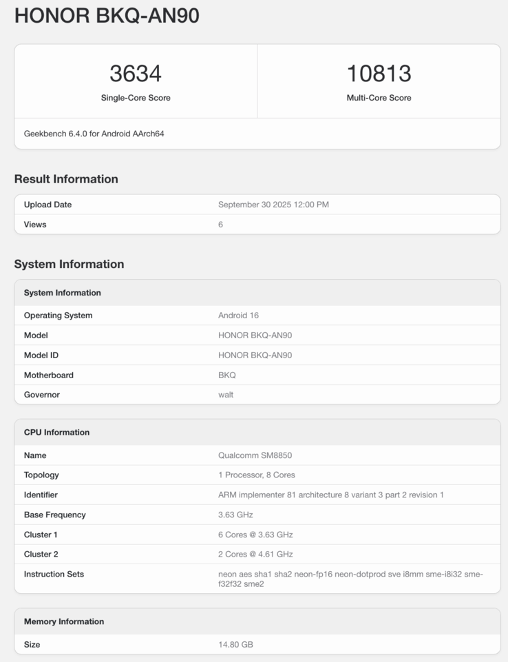 Zestawienie Geekbench dla Honor Magic 8 Pro. (Źródło obrazu: Geekbench)