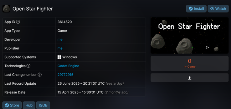 Otwarta gra Star Fighter skradziona Steam (źródło obrazu: zrzut ekranu, SteamDB)