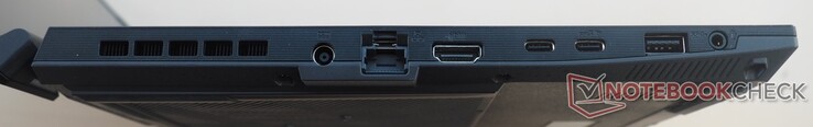 Lewa strona: zasilanie, RJ45 LAN, HDMI 2.1, 2x USB-C 3.2 Gen2 (w tym DisplayPort), USB-A 3.2 Gen1, audio
