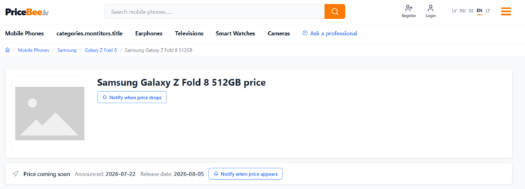 Firma Pricebee z siedzibą na Łotwie podaje, że model Samsung Galaxy Z Fold 8 będzie dostępny od 5 sierpnia.