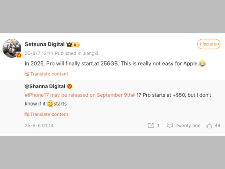 Post Weibo autorstwa leakera mówiący o podstawowym modelu iPhone'a 17 Pro 256 GB. (Źródło obrazu: Setsuna Digital na Weibo, zrzut ekranu)