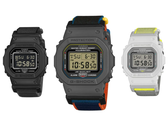 Na zdjęciu - Casio G-Shock DW-5600MNC-1, DW-5600MNC-BA2 i DW-5600MNC-7A8 na białym tle.