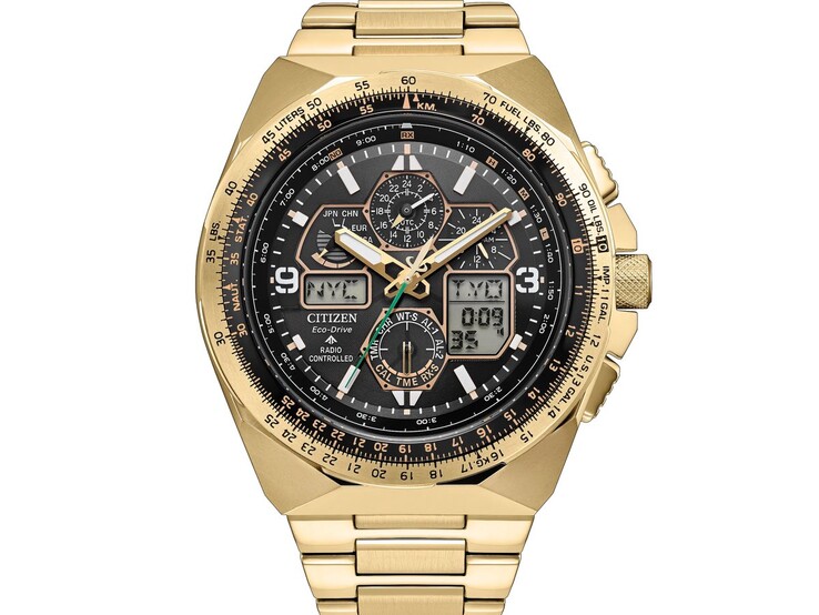 Zegarek pilotażowy Citizen Promaster Skyhawk A-T JY8144-50E z jasnozłotą kopertą i bransoletą ze stali nierdzewnej, czarną tarczą, wieloma analogowymi tarczami pomocniczymi, wyświetlaczami cyfrowymi oraz pierścieniem z suwakiem inspirowanym lotnictwem.
