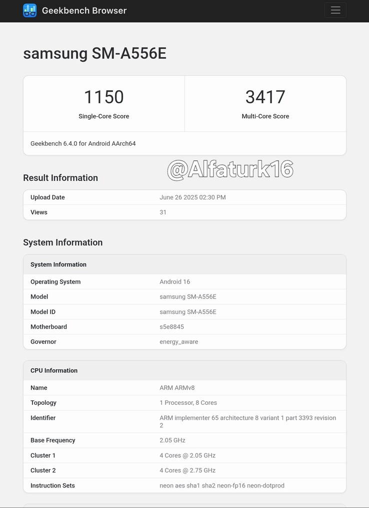 "Galaxy A55 5G" został zaktualizowany do Android 16 w nowym wycieku. (Źródło: Geekbench via AlfaTurk on X)