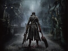 Oficjalna grafika promocyjna gry „Bloodborne”, przedstawiająca Łowcę stojącego na ulicach Yharnamu
